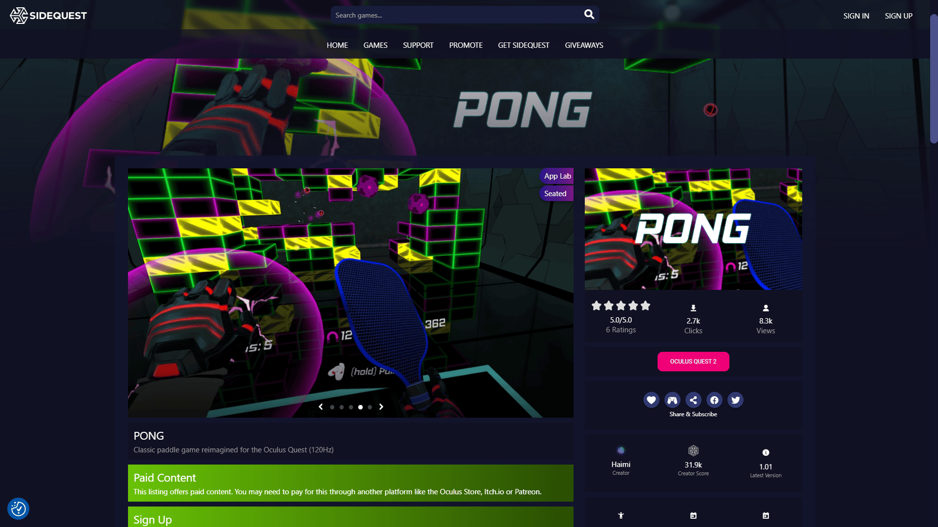 Pong VR Game PONG